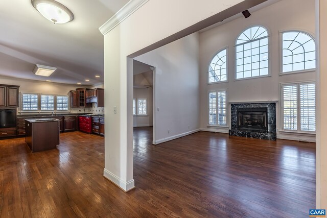 278 Foxmoor Rd, Troy, VA 22974 - unfurnished living room featuring plenty of natural light, dark wood finished floors, baseboards, ornamental molding, and a high ceiling