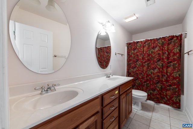 278 Foxmoor Rd, Troy, VA 22974 - bathroom with toilet, tile patterned floors, double vanity, and a shower with curtain