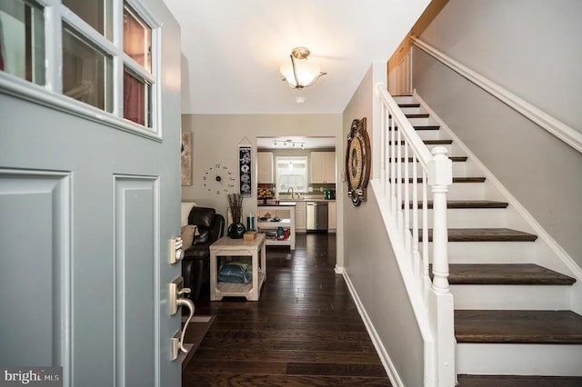 11714 Falcon Ridge Dr, Fredericksburg, VA 22407 - foyer entrance with stairway, dark wood-style flooring, and baseboards
