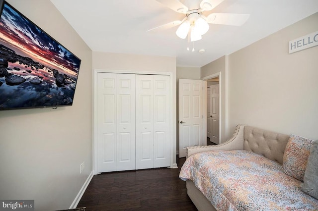 11714 Falcon Ridge Dr, Fredericksburg, VA 22407 - bedroom with dark wood finished floors, baseboards, a closet, and a ceiling fan