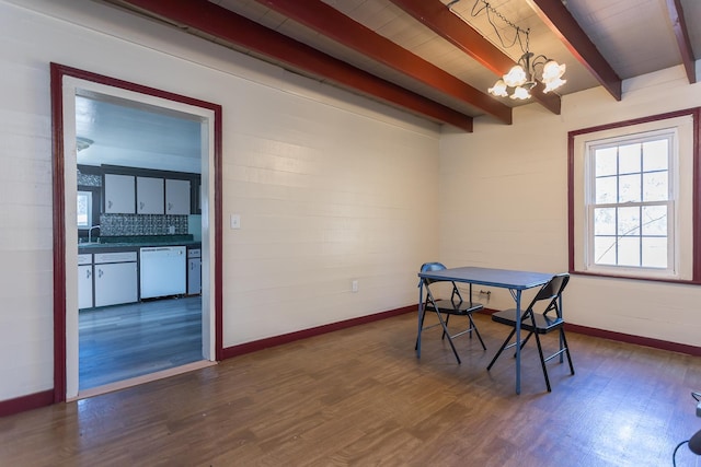 358 County Line Ln, Broadway, VA 22815 - dining area featuring baseboards, a chandelier, beam ceiling, and dark wood-style floors