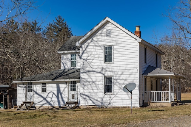 358 County Line Ln, Broadway, VA 22815 - rear view of property with covered porch, a yard, a chimney, and entry steps