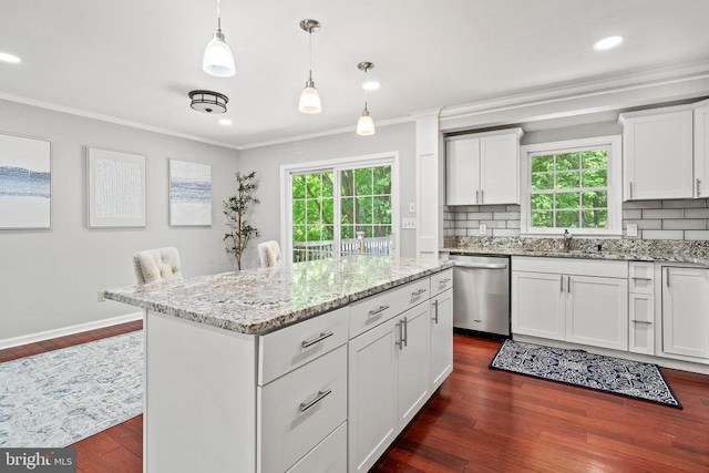 kitchen with dishwasher, crown molding, plenty of natural light, dark wood finished floors, and backsplash