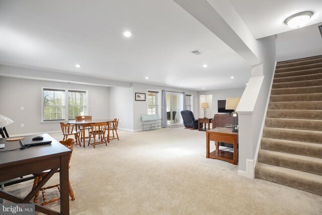 rec room with light carpet, recessed lighting, baseboards, and an office area