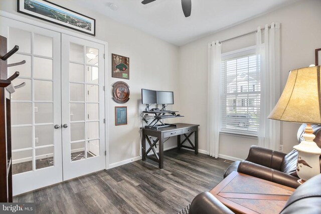 sitting room with wood finished floors, french doors, baseboards, and ceiling fan