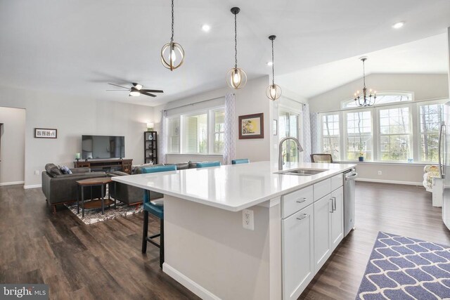 kitchen with a sink, stainless steel dishwasher, dark wood finished floors, a chandelier, and white cabinets