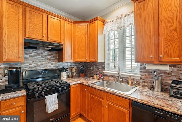 230 Whitworth Dr, Culpeper, VA 22701 - kitchen with black appliances, under cabinet range hood, a sink, crown molding, and backsplash