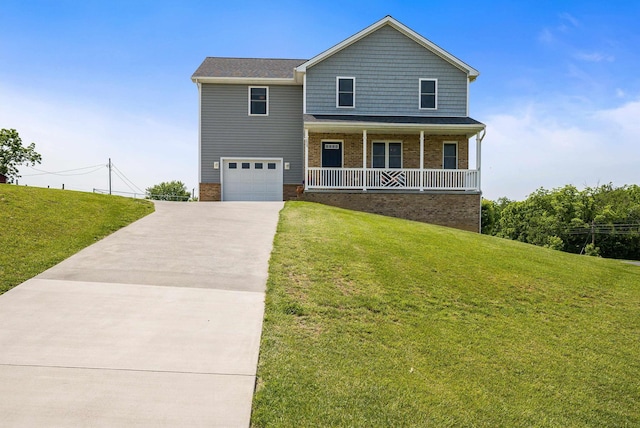 324 Rustic Ave, Broadway, VA 22815 - view of front facade featuring driveway, covered porch, a garage, and a front lawn
