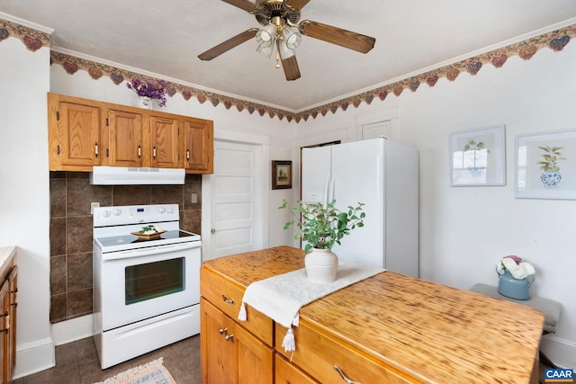 kitchen featuring under cabinet range hood, baseboards, white appliances, ceiling fan, and tasteful backsplash