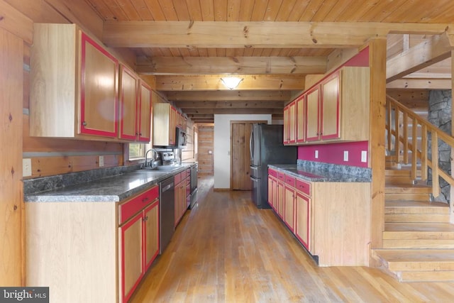 6403 Zachary Taylor Hwy, Culpeper, VA 22701 - kitchen featuring wood ceiling, dark countertops, light wood-style flooring, stainless steel appliances, and a sink