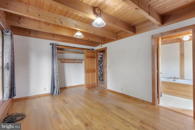6403 Zachary Taylor Hwy, Culpeper, VA 22701 - unfurnished bedroom with wooden ceiling, light wood-type flooring, baseboards, beamed ceiling, and a closet