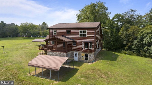 6403 Zachary Taylor Hwy, Culpeper, VA 22701 - back of property with a wooden deck, stone siding, and a yard