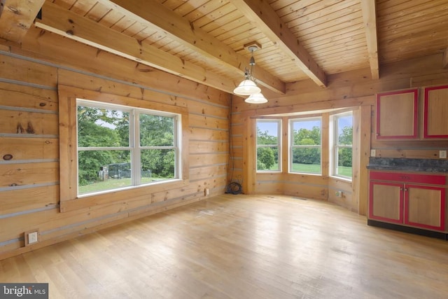 6403 Zachary Taylor Hwy, Culpeper, VA 22701 - unfurnished dining area featuring beam ceiling, wooden ceiling, light wood finished floors, and wood walls