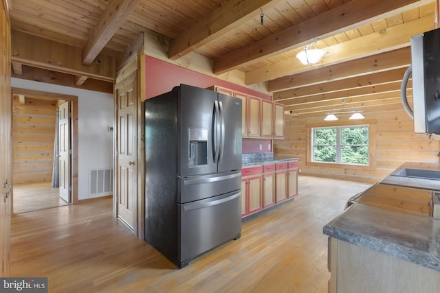6403 Zachary Taylor Hwy, Culpeper, VA 22701 - kitchen featuring appliances with stainless steel finishes, wooden ceiling, light wood finished floors, beamed ceiling, and wood walls