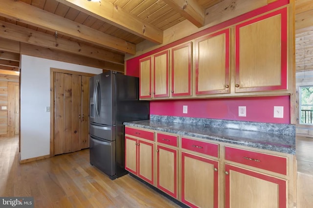 6403 Zachary Taylor Hwy, Culpeper, VA 22701 - kitchen with stainless steel fridge with ice dispenser, light wood finished floors, wood ceiling, beam ceiling, and dark countertops