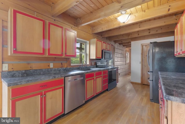 6403 Zachary Taylor Hwy, Culpeper, VA 22701 - kitchen featuring appliances with stainless steel finishes, wooden ceiling, dark countertops, a sink, and light wood-style flooring