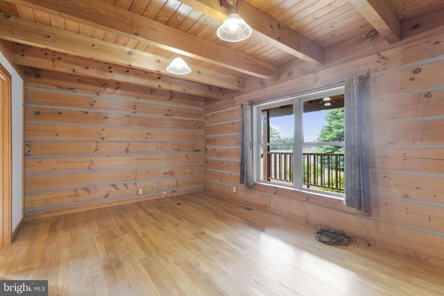 6403 Zachary Taylor Hwy, Culpeper, VA 22701 - spare room featuring wooden ceiling, beam ceiling, light wood-type flooring, and wood walls
