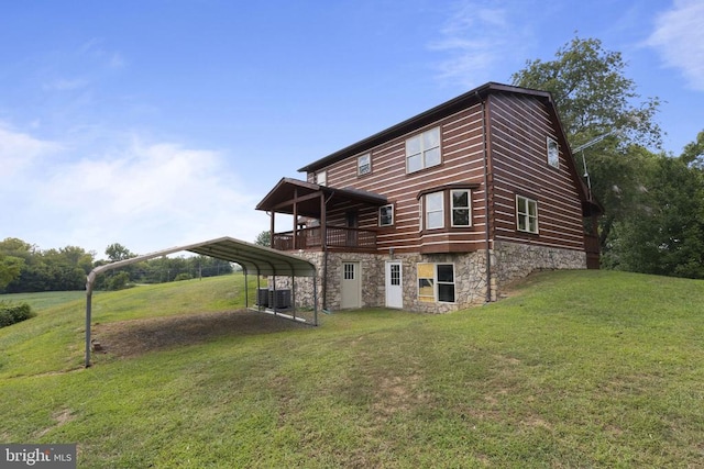 6403 Zachary Taylor Hwy, Culpeper, VA 22701 - rear view of house featuring a lawn, stone siding, a carport, and central AC unit