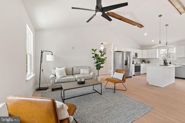 6000 Bills Rd, Mineral, VA 23117 - living room featuring light wood-type flooring, a ceiling fan, baseboards, recessed lighting, and high vaulted ceiling