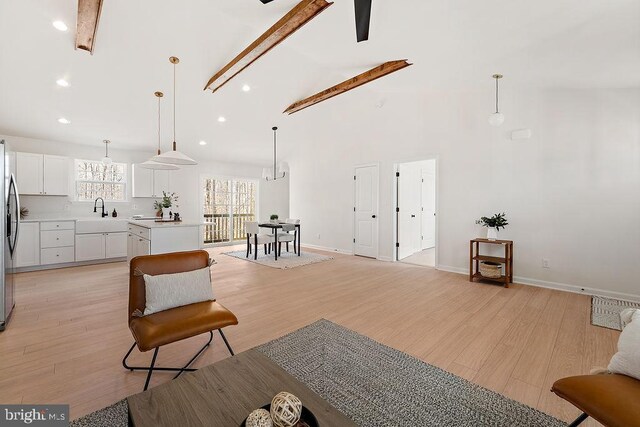 6000 Bills Rd, Mineral, VA 23117 - living area with light wood finished floors, high vaulted ceiling, baseboards, recessed lighting, and beam ceiling