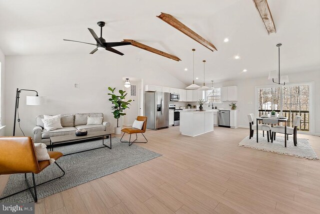 6000 Bills Rd, Mineral, VA 23117 - living area with ceiling fan, beam ceiling, light wood-type flooring, high vaulted ceiling, and recessed lighting