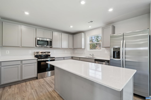 kitchen featuring a sink, gray cabinets, visible vents, and appliances with stainless steel finishes