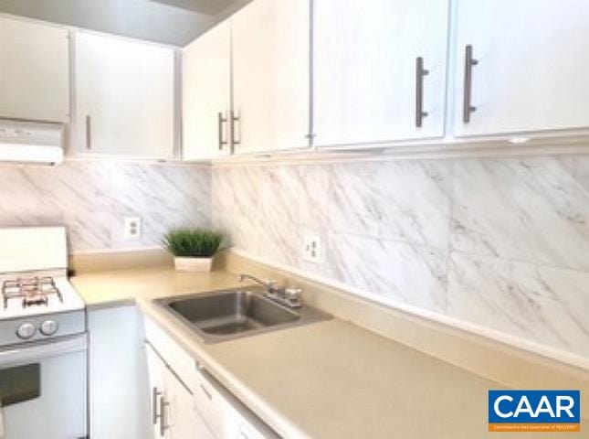 640 Runnel Ct Unit 10, Charlottesville, VA 22901 - kitchen with white appliances, white cabinetry, exhaust hood, light countertops, and backsplash