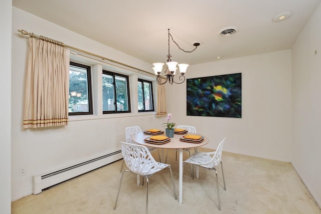 616 Lynn Ln, Waynesboro, VA 22980 - dining area with a baseboard radiator, a chandelier, and carpet floors