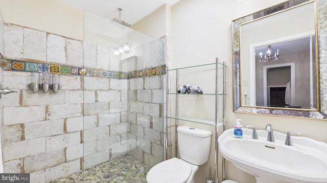 974 Cross Mountain Rd, Luray, VA 22835 - full bathroom with toilet, tiled shower, an inviting chandelier, and a sink