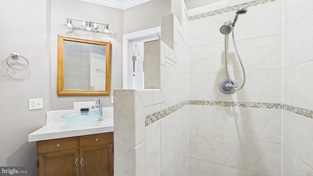 974 Cross Mountain Rd, Luray, VA 22835 - bathroom featuring ornamental molding, tiled shower, and vanity