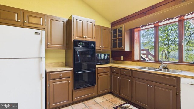 974 Cross Mountain Rd, Luray, VA 22835 - kitchen with glass insert cabinets, a sink, black appliances, light countertops, and vaulted ceiling