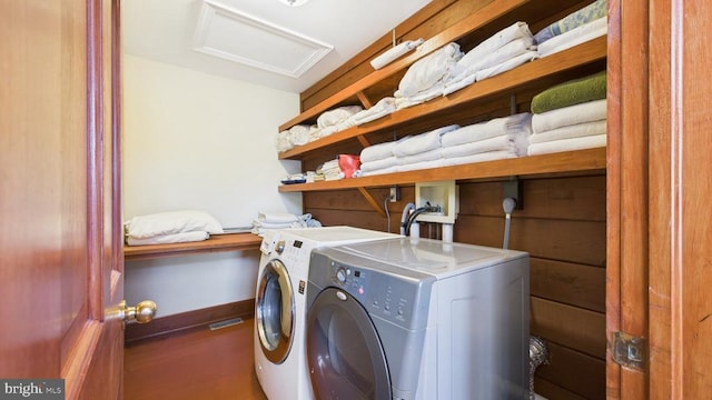 974 Cross Mountain Rd, Luray, VA 22835 - washroom with washing machine and clothes dryer, laundry area, attic access, and baseboards