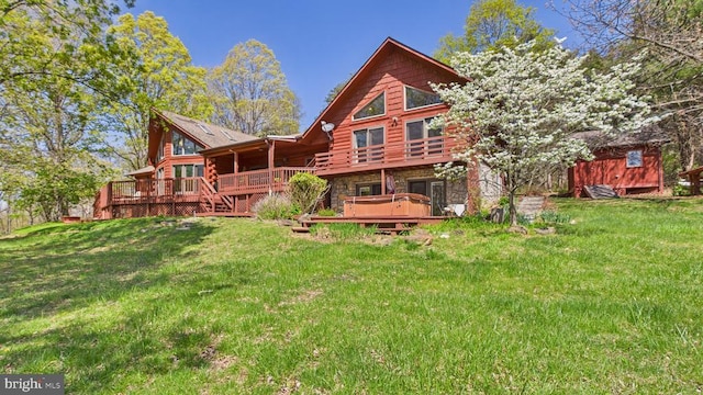 974 Cross Mountain Rd, Luray, VA 22835 - rear view of property featuring a lawn, log siding, a wooden deck, and stone siding