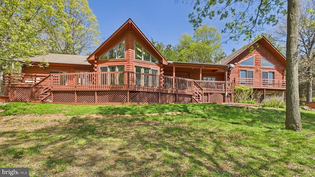 974 Cross Mountain Rd, Luray, VA 22835 - back of house featuring a yard, stairs, a wooden deck, and log siding