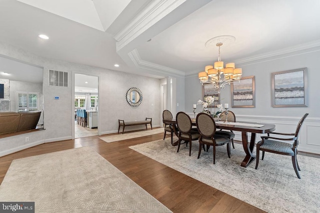 7308 Glenhaven Dr, Fredericksburg, VA 22407 - dining space with a chandelier, crown molding, wood finished floors, and recessed lighting