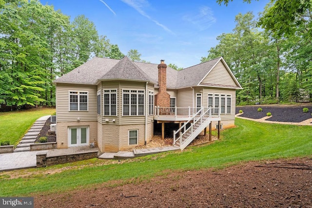 7308 Glenhaven Dr, Fredericksburg, VA 22407 - back of property featuring french doors, a wooden deck, a chimney, stairs, and a lawn