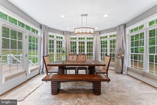 7308 Glenhaven Dr, Fredericksburg, VA 22407 - sunroom with french doors, stone finish floors, a chandelier, healthy amount of natural light, and recessed lighting
