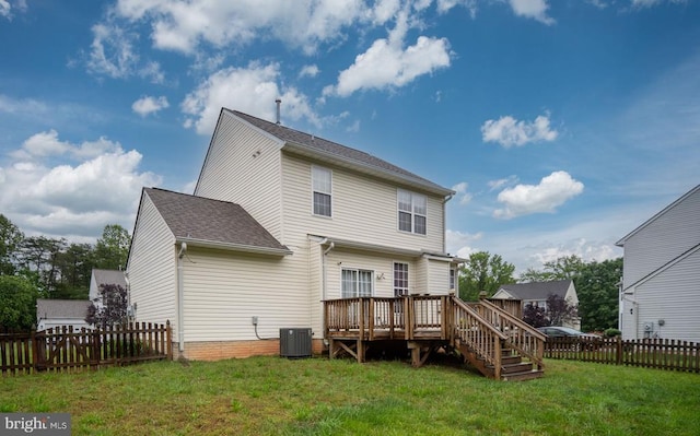 11106 Polaris Ct, Fredericksburg, VA 22407 - back of house with a wooden deck, central air condition unit, and a shingled roof