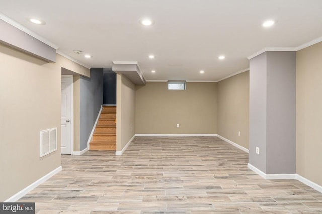 11106 Polaris Ct, Fredericksburg, VA 22407 - basement featuring recessed lighting, ornamental molding, light wood finished floors, baseboards, and stairway
