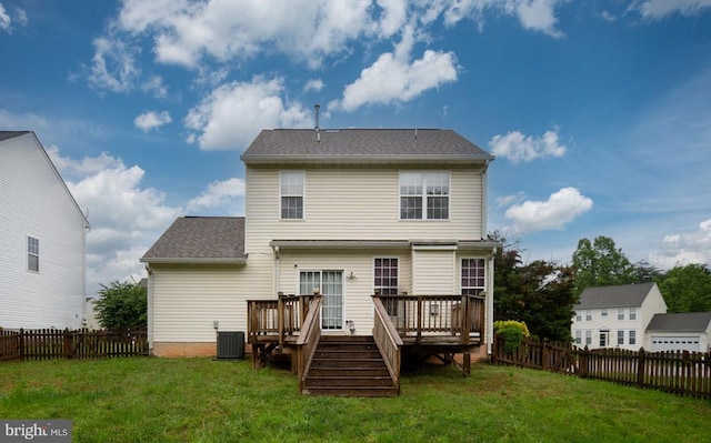 11106 Polaris Ct, Fredericksburg, VA 22407 - back of house with central air condition unit, a wooden deck, and roof with shingles