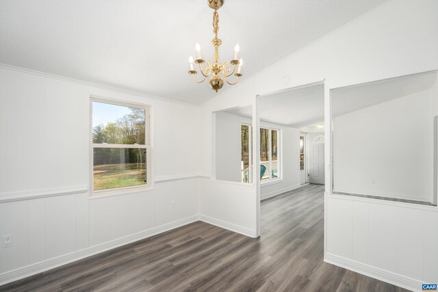 817 Brownings Cv, Shipman, VA 22971 - unfurnished dining area with a chandelier, vaulted ceiling, ornamental molding, dark wood-style floors, and wainscoting