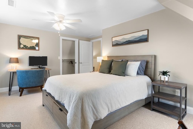 bedroom with light colored carpet, visible vents, ceiling fan, and baseboards