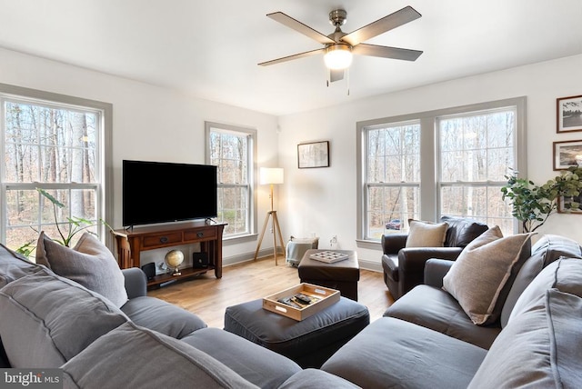 living room with baseboards, a ceiling fan, and light wood-style floors