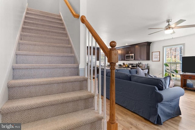 stairway featuring ceiling fan and wood finished floors