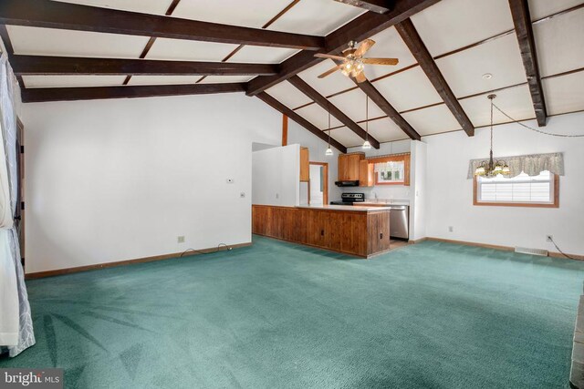 100 Musket Ln, Locust Grove, VA 22508 - unfurnished living room with carpet, baseboards, a chandelier, and ceiling fan