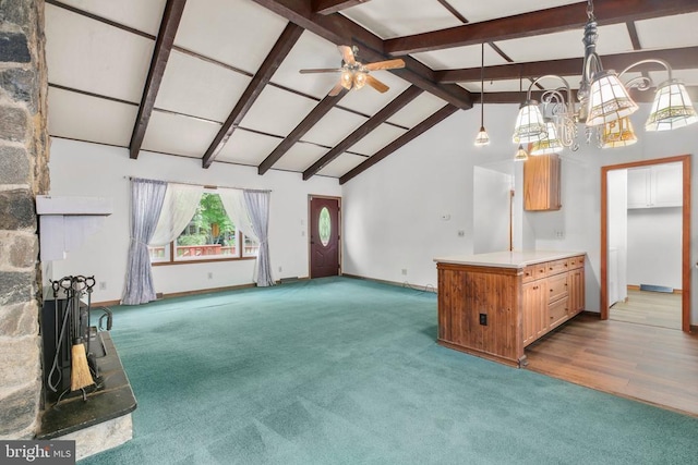100 Musket Ln, Locust Grove, VA 22508 - unfurnished living room featuring carpet floors, ceiling fan, baseboards, beamed ceiling, and a chandelier