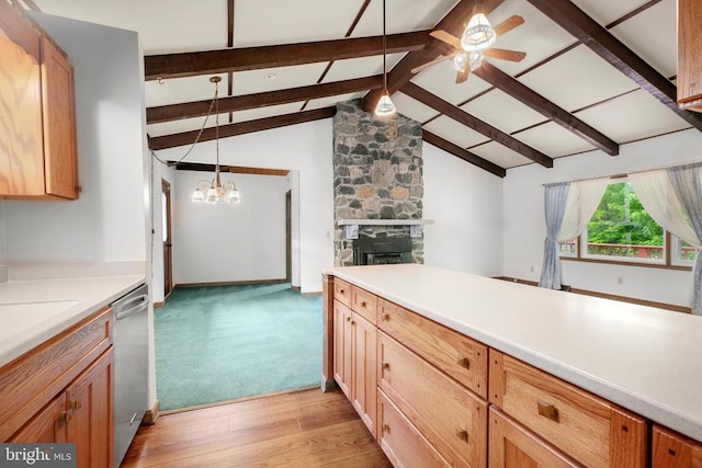 100 Musket Ln, Locust Grove, VA 22508 - kitchen with stainless steel dishwasher, light wood-type flooring, ceiling fan, a stone fireplace, and light countertops