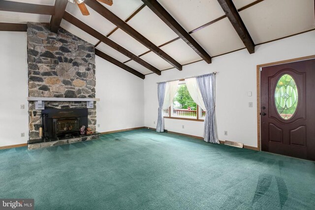 100 Musket Ln, Locust Grove, VA 22508 - unfurnished living room featuring a ceiling fan, beamed ceiling, carpet flooring, baseboards, and high vaulted ceiling