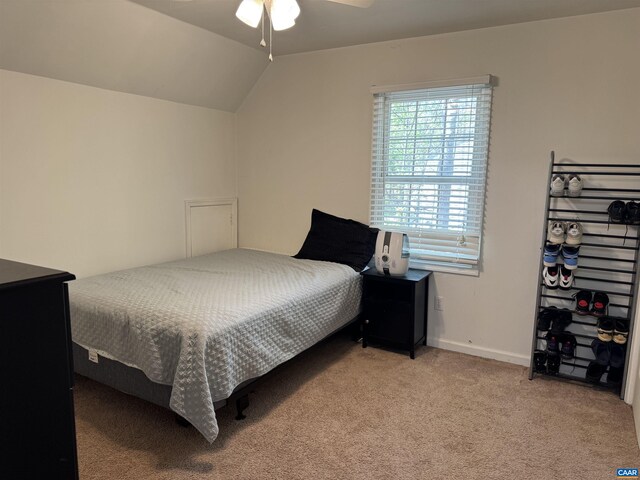 39 Overlook Cir, Palmyra, VA 22963 - bedroom featuring light carpet, vaulted ceiling, and ceiling fan