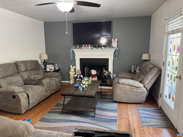 39 Overlook Cir, Palmyra, VA 22963 - living room with a ceiling fan, wood finished floors, and a fireplace